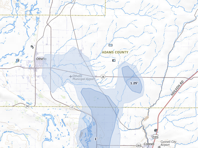 NEXRAD radar-signature map of the hail storm over Othello, WA on May 28, 2026