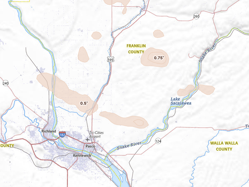 Radar-estimated hail-size map of the storm over Pasco, WA on May 28, 2026