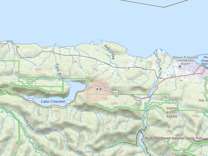 Radar-estimated hail-size map of the storm over Port Angeles, WA on Aug 22, 2026