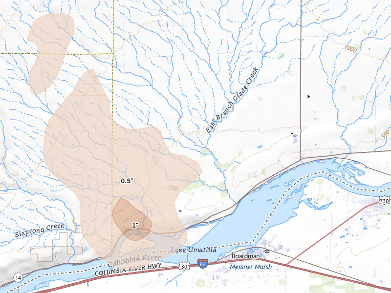Radar-estimated hail-size map of the storm over Prosser, WA on May 28, 2026