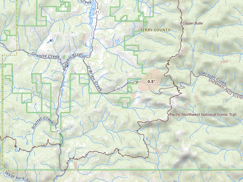 Radar-estimated hail-size map of the storm over Republic, WA on Jul 23, 2026