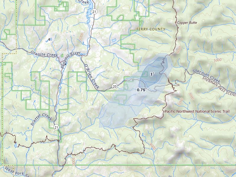 NEXRAD radar-signature map of the hail storm over Republic, WA on Jul 23, 2026