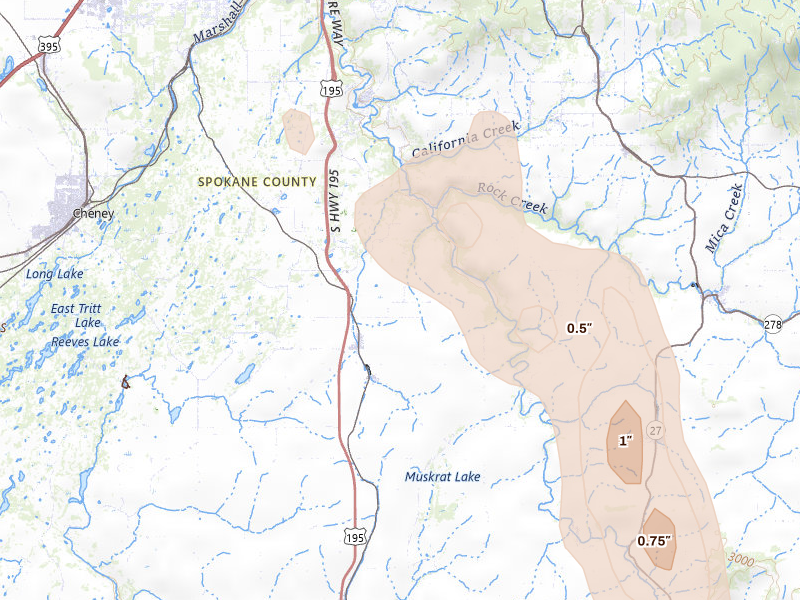 Radar-estimated hail-size map of the storm over Spangle, WA on May 28, 2026