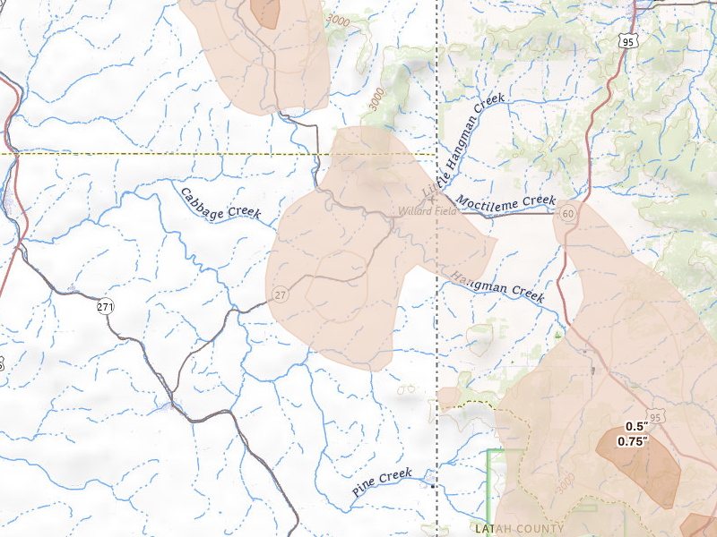 Radar-estimated hail-size map of the storm over Tekoa, WA on May 28, 2026
