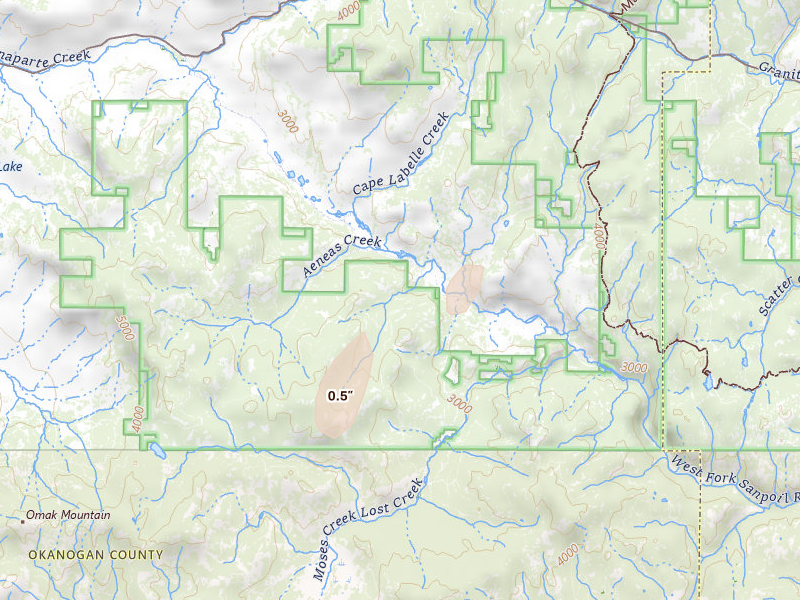 Radar-estimated hail size over Tonasket, WA on Aug 29, 2026