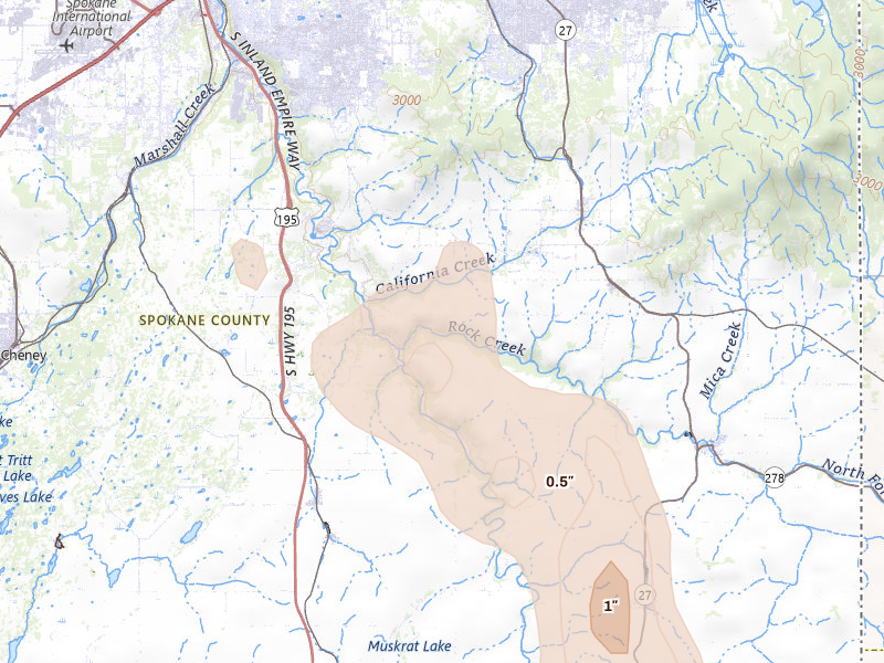 Radar-estimated hail-size map of the storm over Valleyford, WA on May 28, 2026