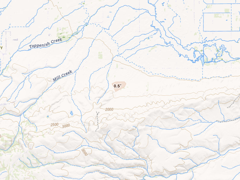 Radar-estimated hail-size map of the storm over White Swan, WA on May 28, 2026