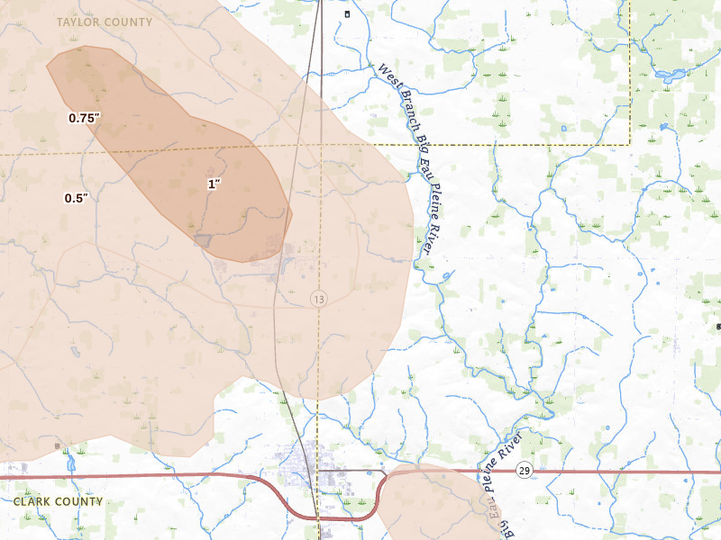 Radar-estimated hail-size map of the storm over Abbotsford, WI on Jun 9, 2026