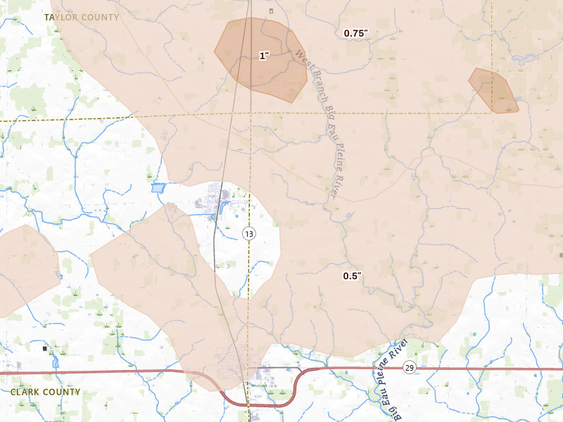 Radar-estimated hail-size map of the storm over Abbotsford, WI on Jun 10, 2026