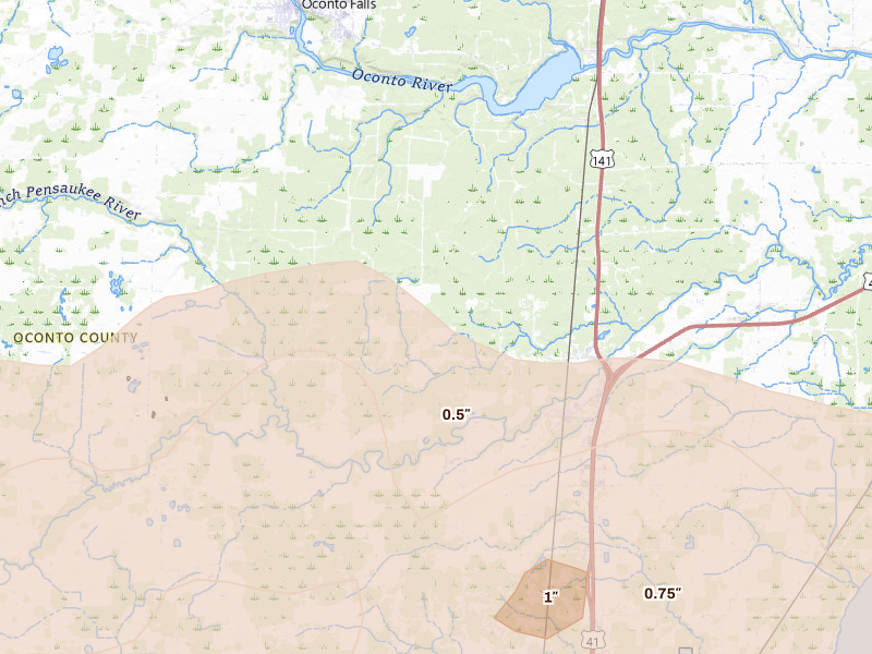 Radar-estimated hail-size map of the storm over Abrams, WI on Jun 30, 2026