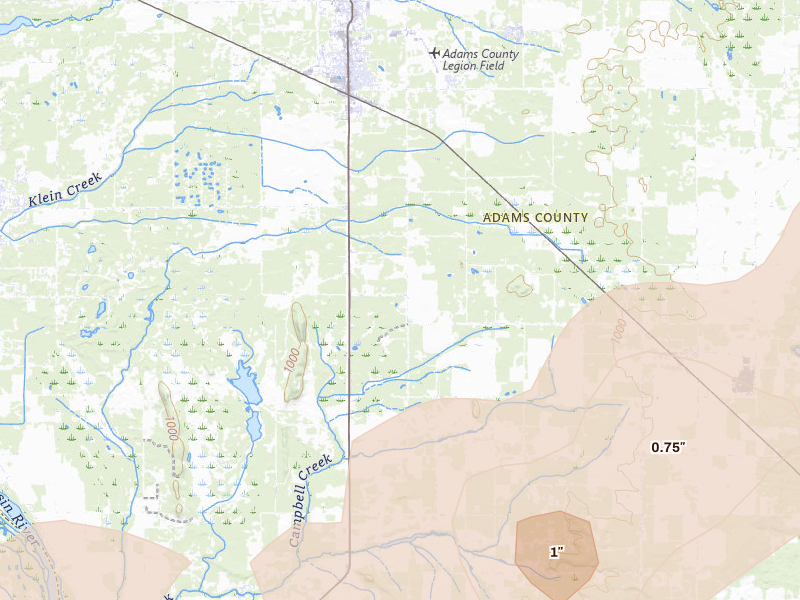 Radar-estimated hail-size map of the storm over Adams, WI on Jun 30, 2026
