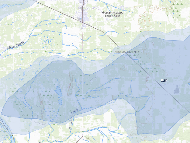 NEXRAD radar-signature map of the hail over Adams, WI