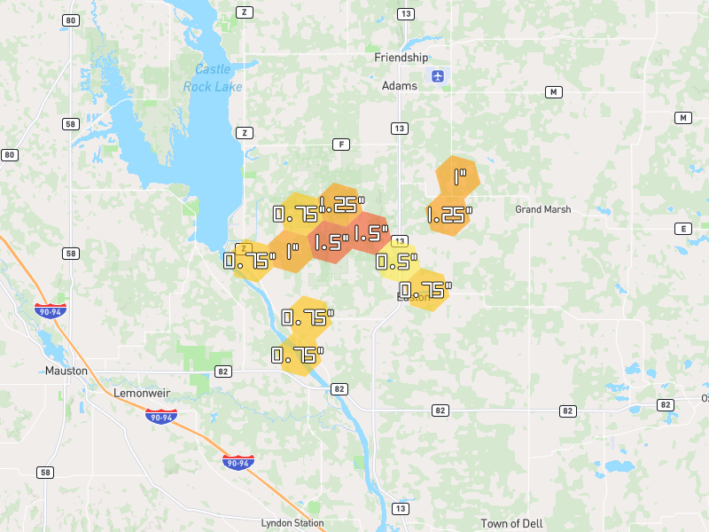 Hail map of Adams, WI on Jul 1, 2026, hail up to 1.5"