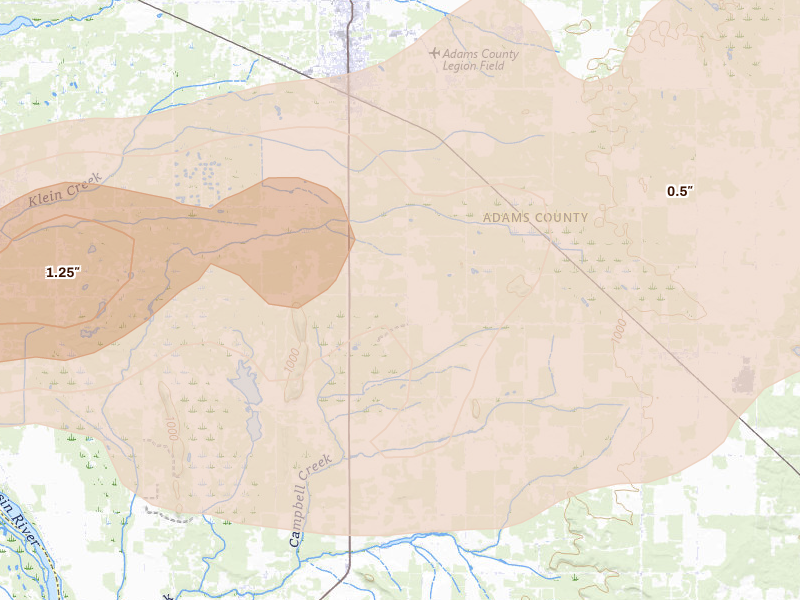 Radar-estimated hail-size map of the storm over Adams, WI on Sep 1, 2026