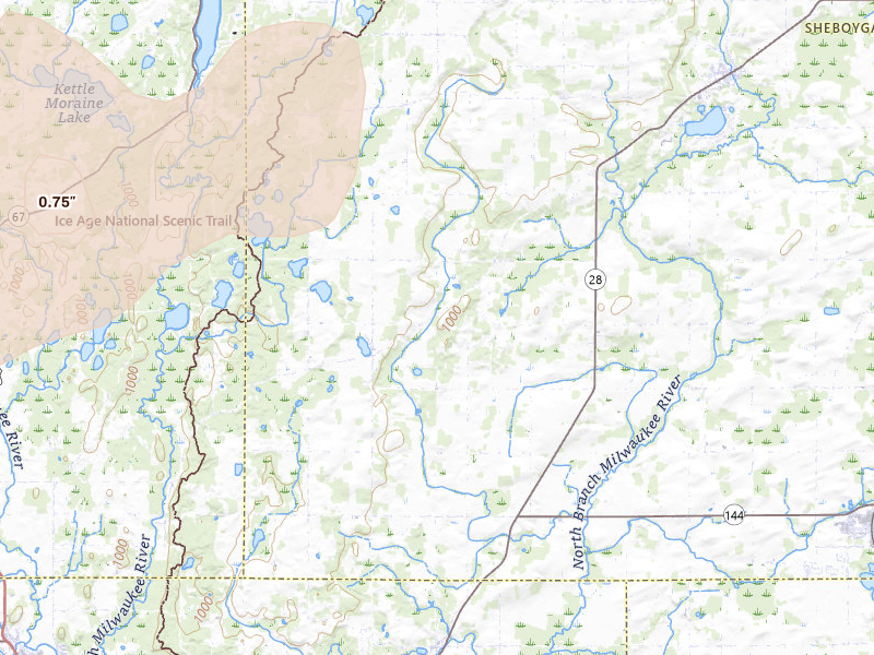 Radar-estimated hail-size map of the storm over Adell, WI on May 15, 2026