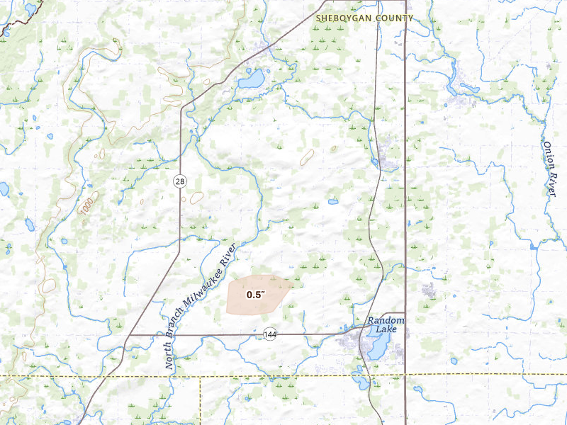 Radar-estimated hail-size map of the storm over Adell, WI on Aug 18, 2026