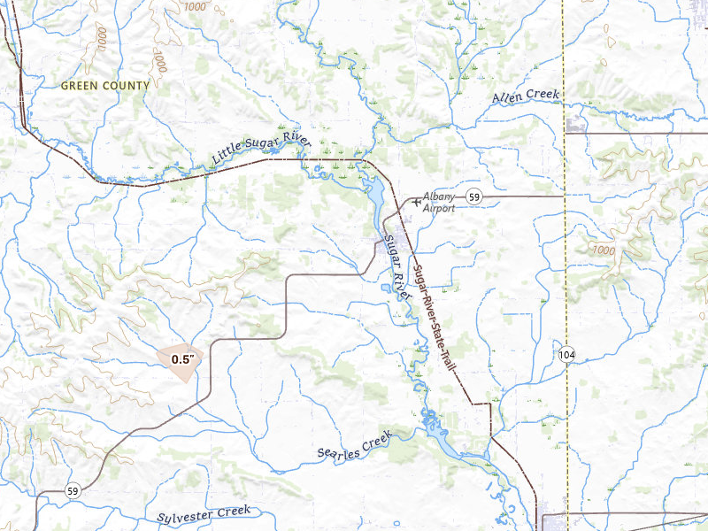 Radar-estimated hail-size map of the storm over Albany, WI on Apr 14, 2026