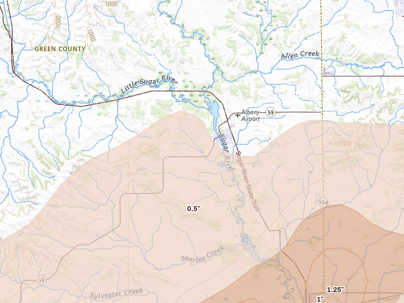 Radar-estimated hail-size map of the storm over Albany, WI on Apr 17, 2026