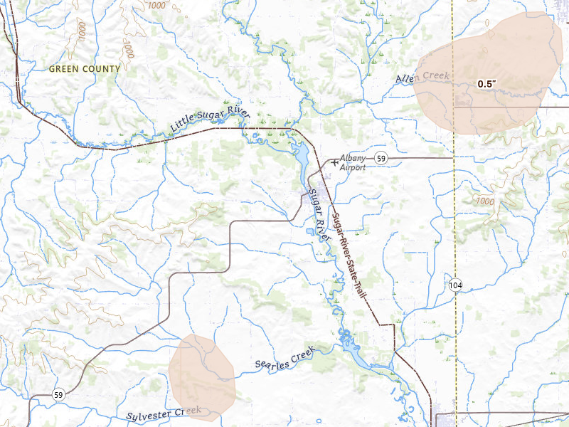 Radar-estimated hail-size map of the storm over Albany, WI on Jun 10, 2026