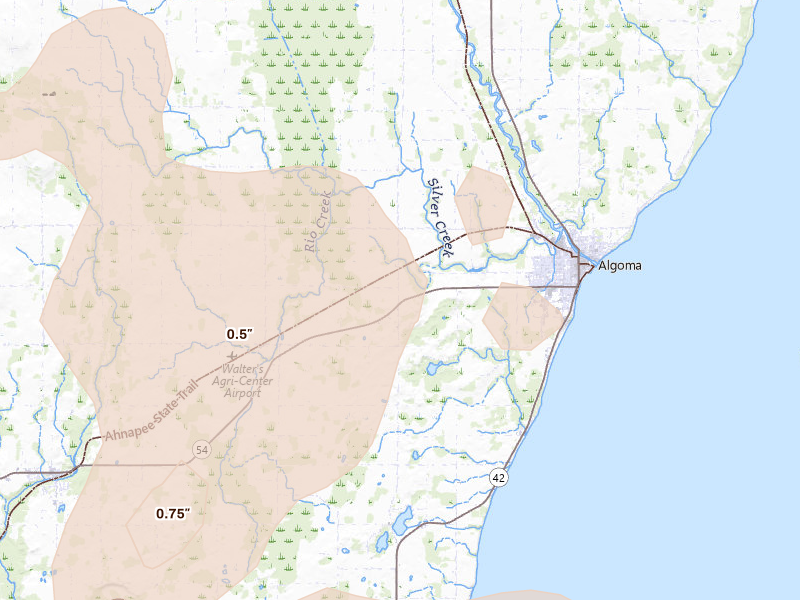 Radar-estimated hail-size map of the storm over Algoma, WI on Jul 1, 2026