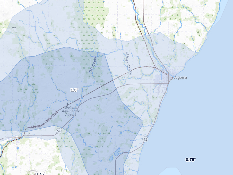 NEXRAD radar-signature map of the hail storm over Algoma, WI on Jul 1, 2026