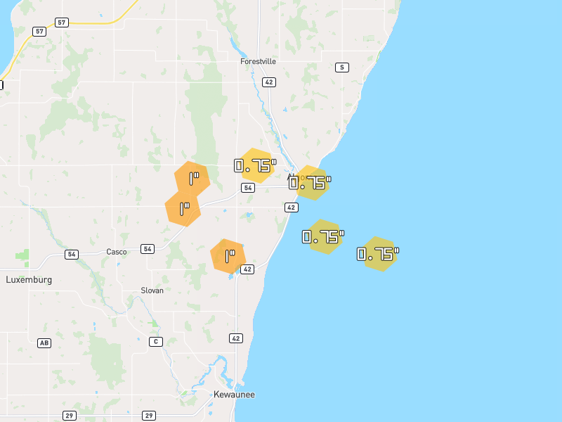 Hail map of Algoma, WI on Jul 1, 2026, hail up to 1"