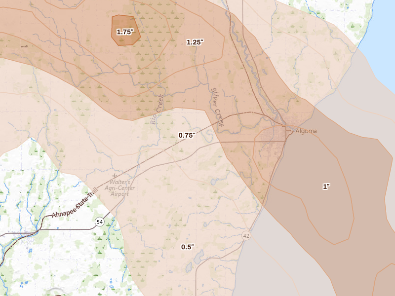 Radar-estimated hail-size map of the storm over Algoma, WI on Jul 27, 2026