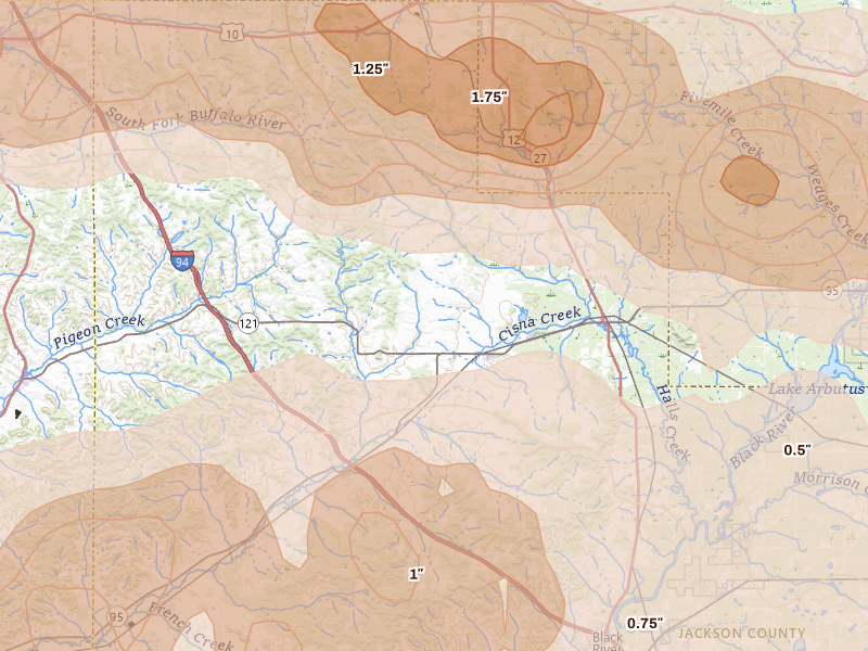 Radar-estimated hail-size map of the storm over Alma Center, WI on Apr 13, 2026