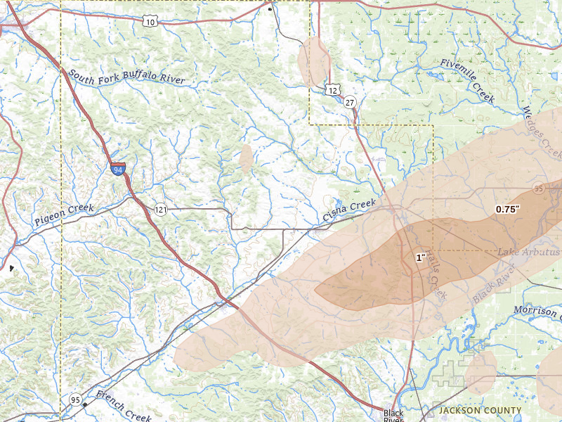 Radar-estimated hail-size map of the storm over Alma Center, WI on Apr 17, 2026