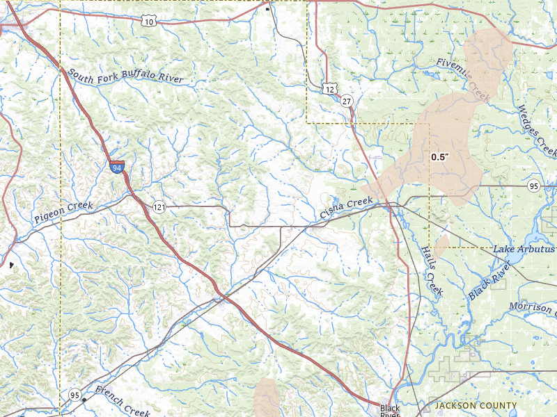 Radar-estimated hail-size map of the storm over Alma Center, WI on May 17, 2026