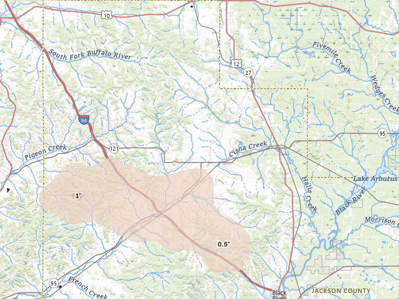 Radar-estimated hail-size map of the storm over Alma Center, WI on Jun 5, 2026