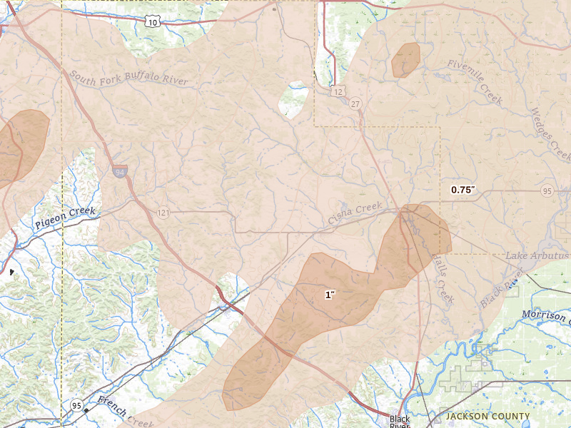 Radar-estimated hail-size map of the storm over Alma Center, WI on Jun 9, 2026