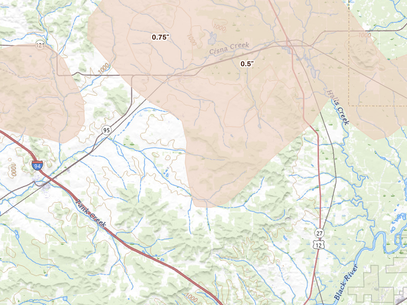 Radar-estimated hail-size map of the storm over Alma Center, WI on Jun 10, 2026