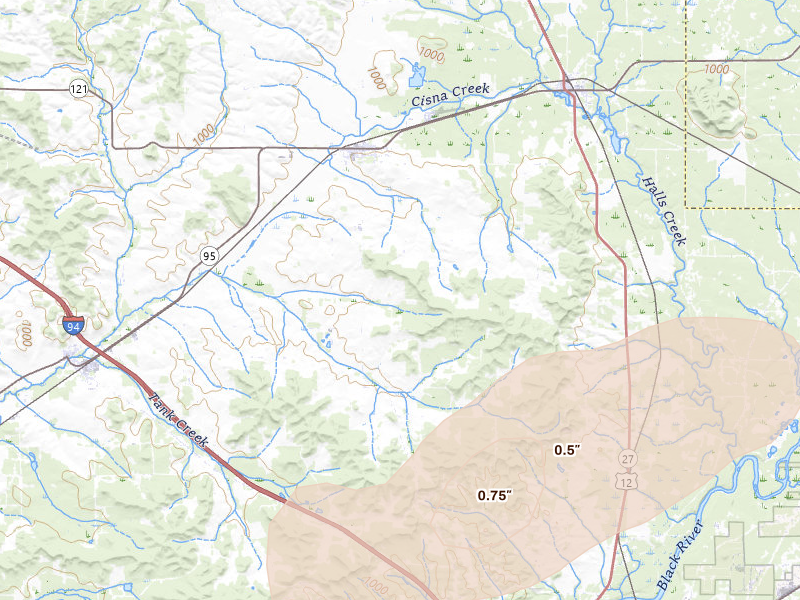Radar-estimated hail-size map of the storm over Alma Center, WI on Sep 1, 2026