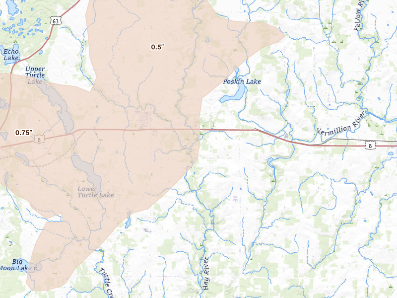 Radar-estimated hail-size map of the storm over Almena, WI on Apr 17, 2026