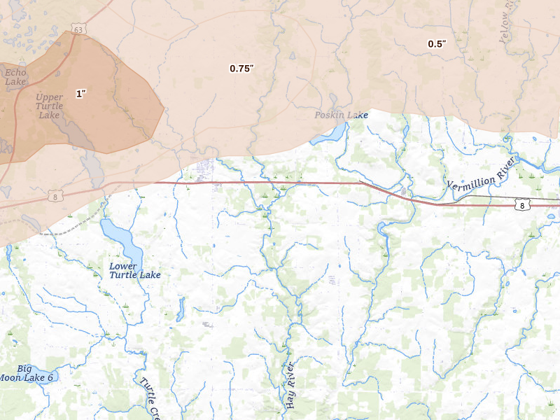Radar-estimated hail-size map of the storm over Almena, WI on Jun 10, 2026