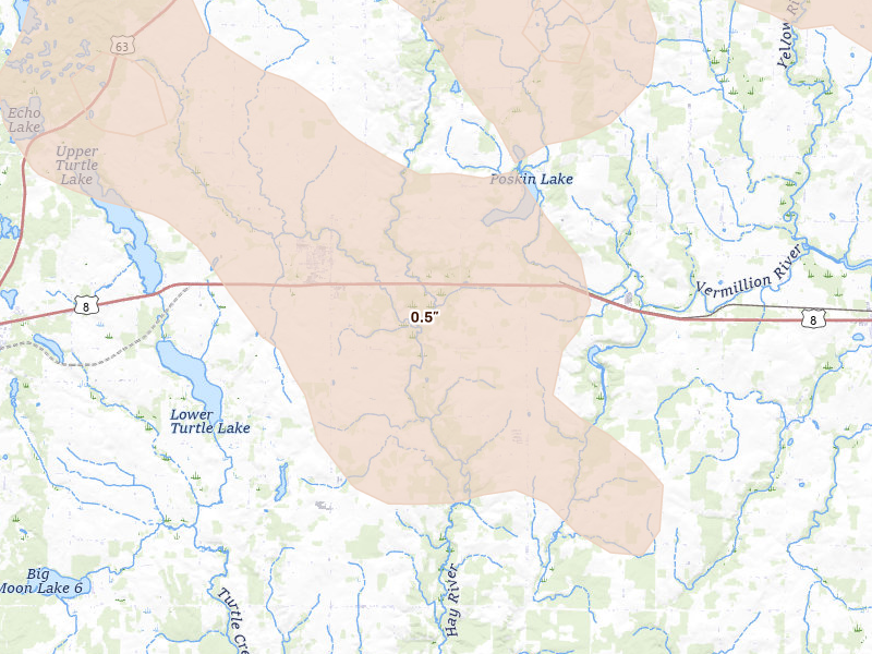 Radar-estimated hail-size map of the storm over Almena, WI on Jul 17, 2026