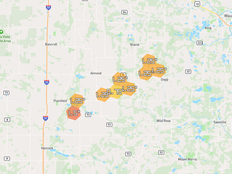 Hail map of Almond, WI on Jun 30, 2026, hail up to 1.5"