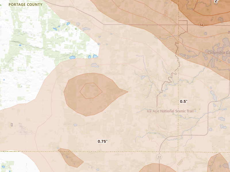 Radar-estimated hail-size map of the storm over Almond, WI on Sep 3, 2026