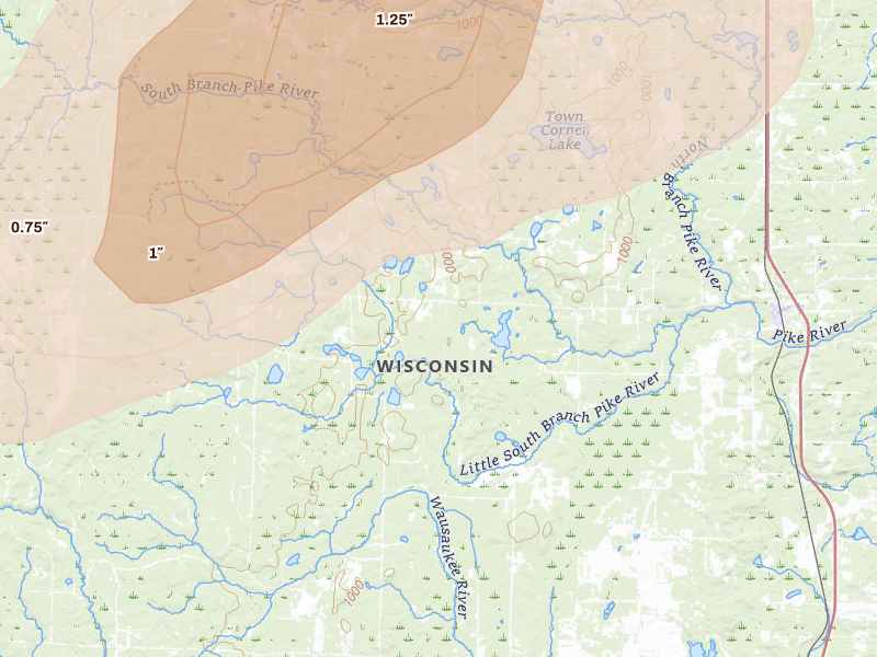 Radar-estimated hail-size map of the storm over Amberg, WI on Jun 30, 2026