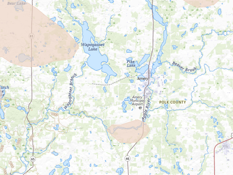 Radar-estimated hail-size map of the storm over Amery, WI on Jun 19, 2026