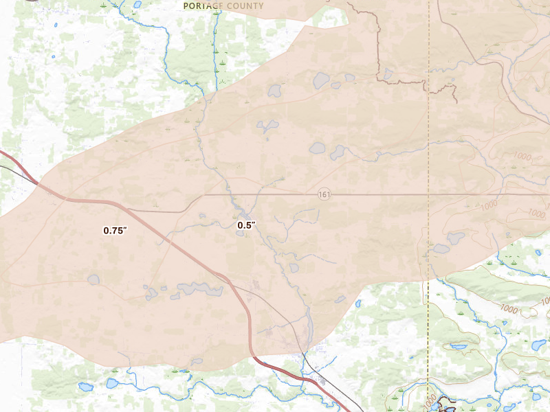 Radar-estimated hail-size map of the storm over Amherst Junction, WI on Apr 13, 2026