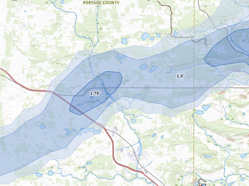 NEXRAD radar-signature map of the hail over Amherst Junction, WI