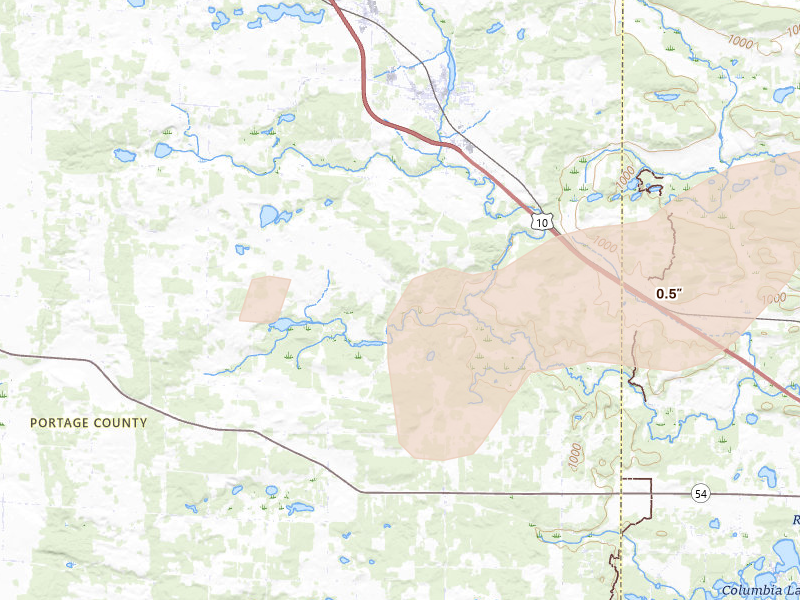 Radar-estimated hail-size map of the storm over Amherst, WI on Jun 10, 2026