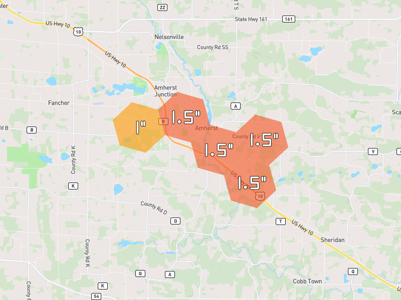 Hail map of Amherst, WI on Jul 8, 2026, hail up to 1.5"