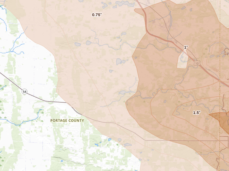 Radar-estimated hail-size map of the storm over Amherst, WI on Sep 3, 2026