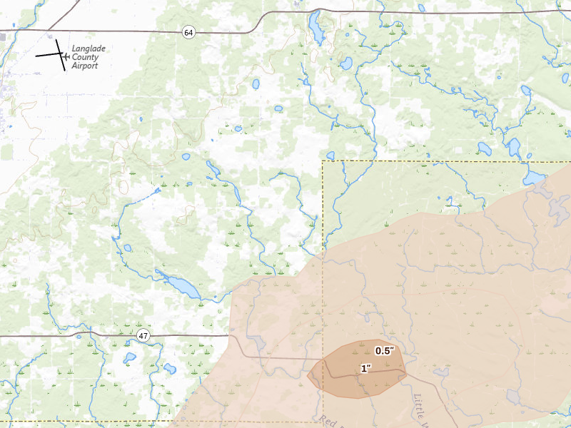 Radar-estimated hail-size map of the storm over Antigo, WI on Jun 30, 2026