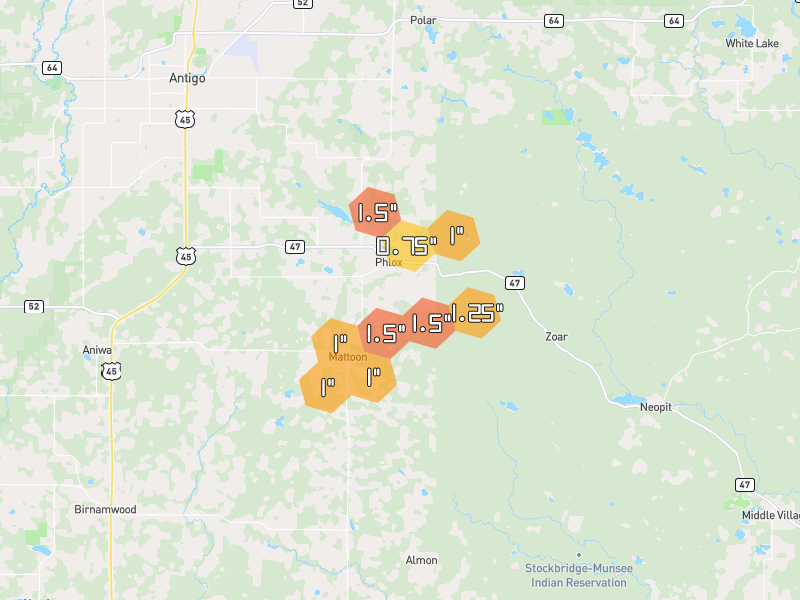 Hail map of Antigo, WI on Jun 30, 2026, hail up to 1.5"