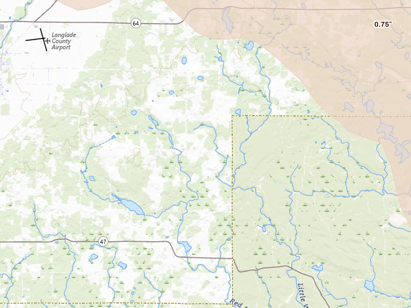 Radar-estimated hail-size map of the storm over Antigo, WI on Jul 27, 2026