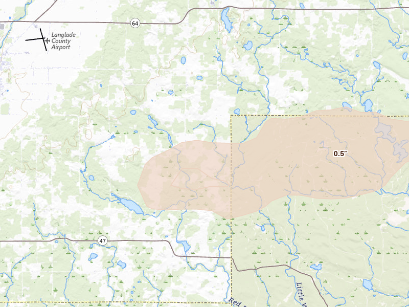 Radar-estimated hail-size map of the storm over Antigo, WI on Aug 11, 2026